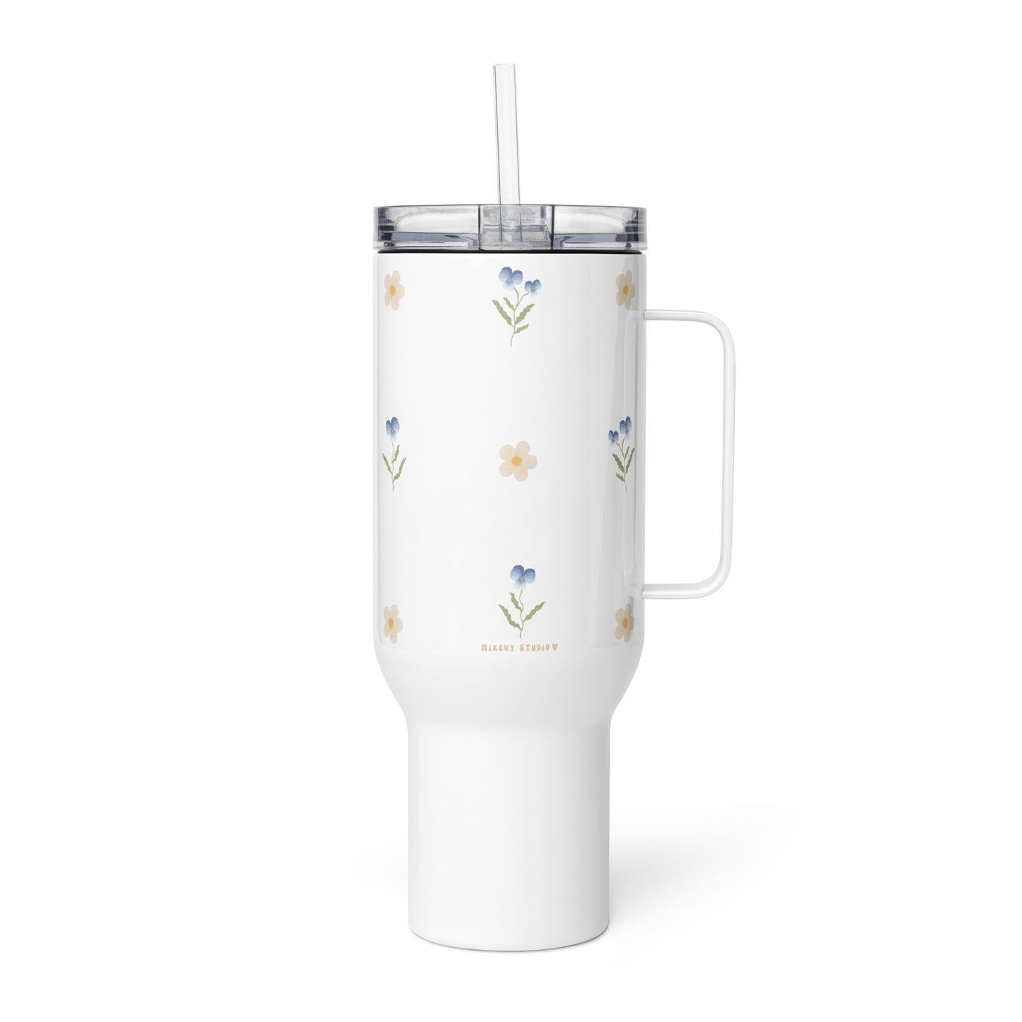 Large Stainless Steel Travel Tumbler - Blue Pansy & White Flower Design