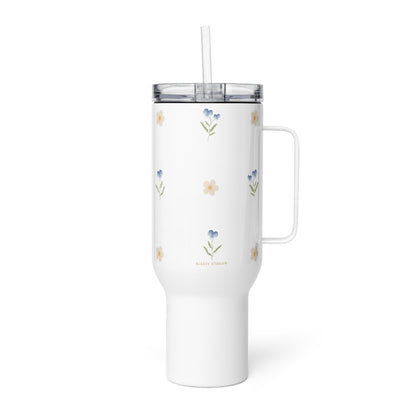 Large Stainless Steel Travel Tumbler - Blue Pansy & White Flower Design