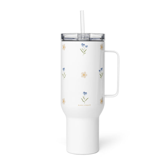 Large Stainless Steel Travel Tumbler - Blue Pansy & White Flower Design