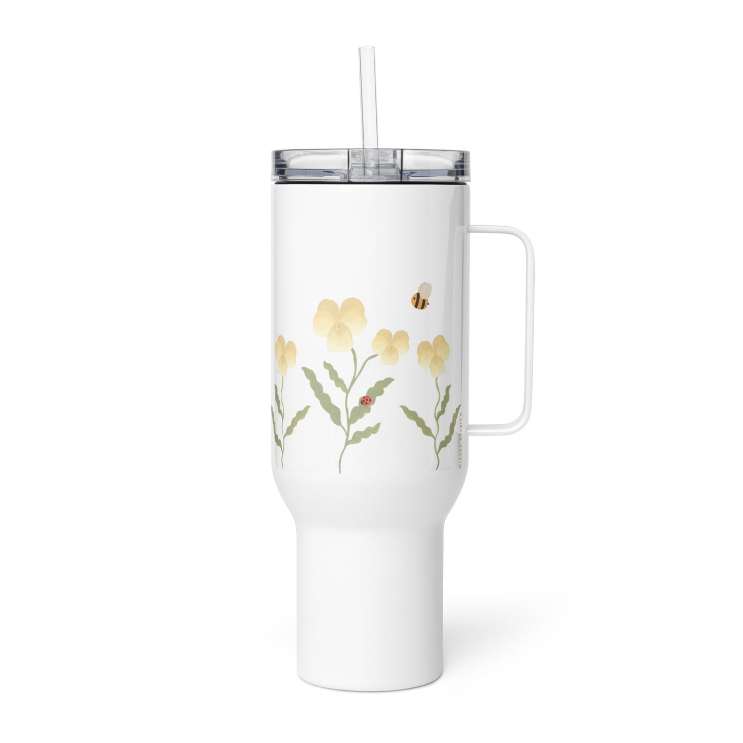 Large Stainless Steel Travel Tumbler - Yellow Pansy, Bee & Ladybug Design