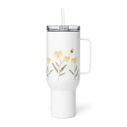 Large Stainless Steel Travel Tumbler - Yellow Pansy, Bee & Ladybug Design