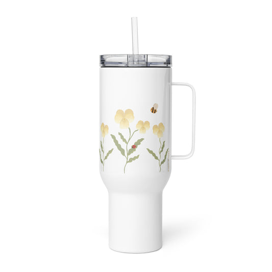 Large Stainless Steel Travel Tumbler - Yellow Pansy, Bee & Ladybug Design