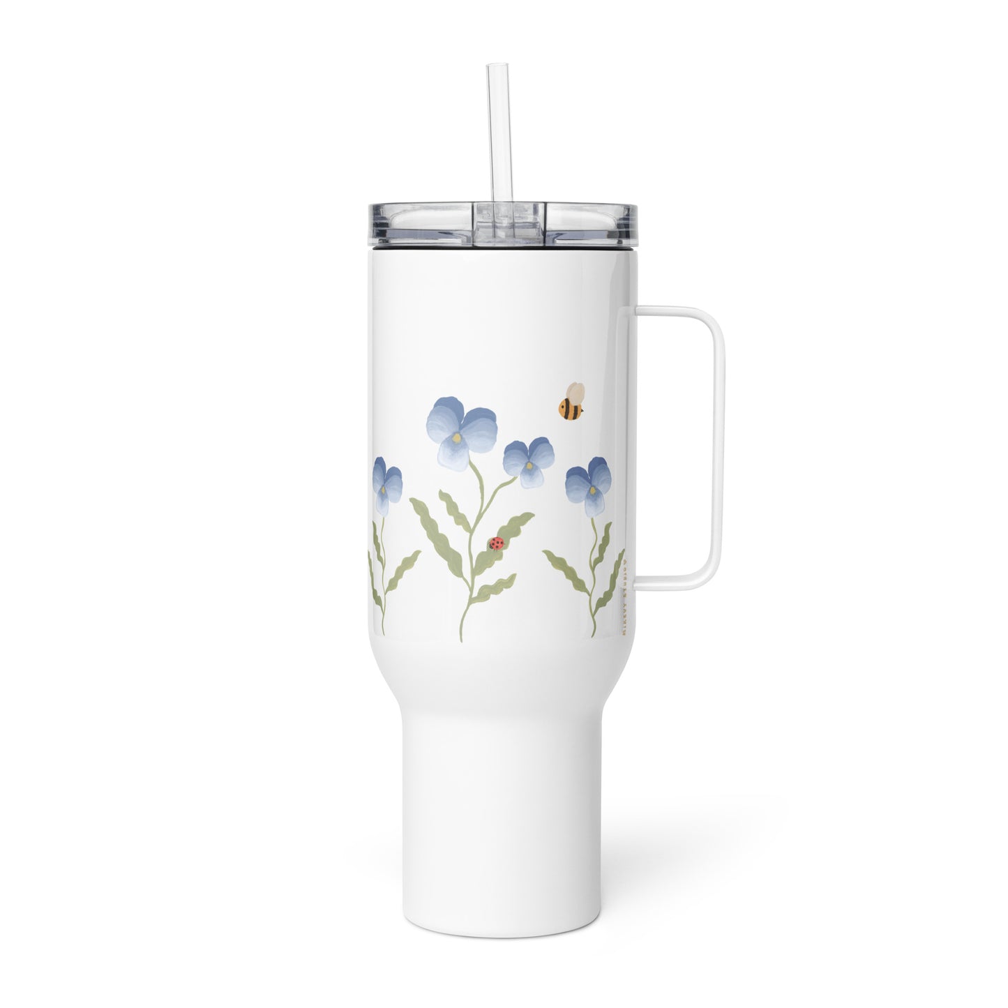 Large Stainless Steel Travel Tumbler - Blue Pansy, Bee & Ladybug Design