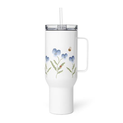 Large Stainless Steel Travel Tumbler - Blue Pansy, Bee & Ladybug Design