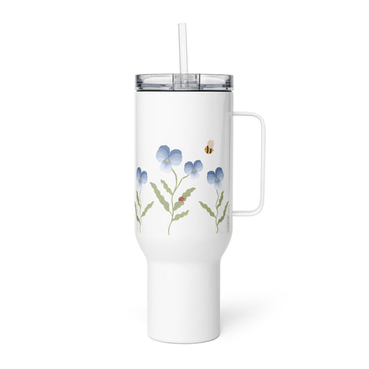 Large Stainless Steel Travel Tumbler - Blue Pansy, Bee & Ladybug Design