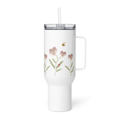 Large Stainless Steel Travel Tumbler - Pink Pansy, Bee & Ladybug Design