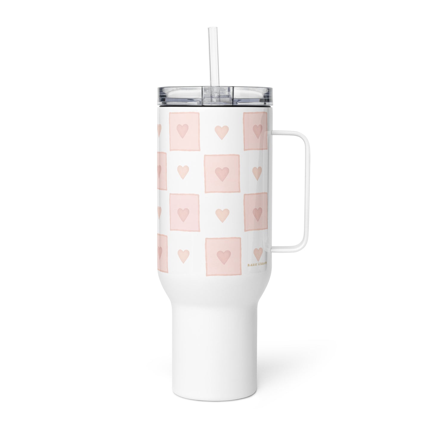 Large Stainless Steel Travel Tumbler - Pink Heart Checkerboard Design