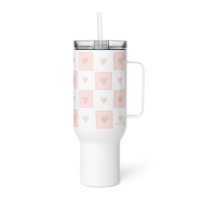 Large Stainless Steel Travel Tumbler - Pink Heart Checkerboard Design