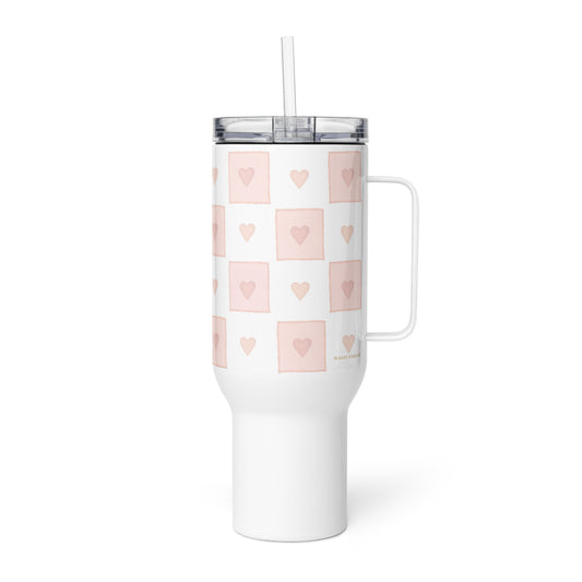 Large Stainless Steel Travel Tumbler - Pink Heart Checkerboard Design