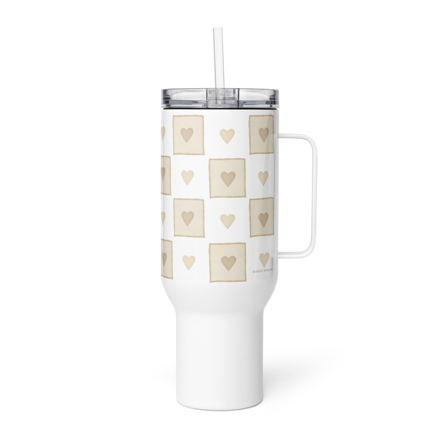 Large Stainless Steel Travel Tumbler - Beige Heart Checkerboard Design