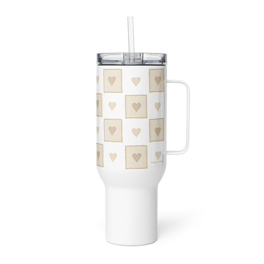 Large Stainless Steel Travel Tumbler - Beige Heart Checkerboard Design