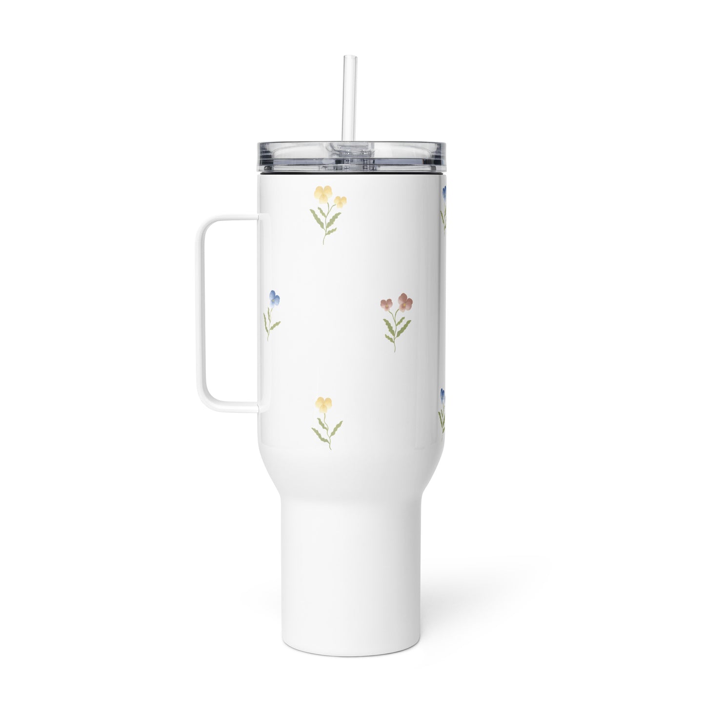Large Stainless Steel Travel Tumbler - Pink, Blue & Yellow Pansy Design
