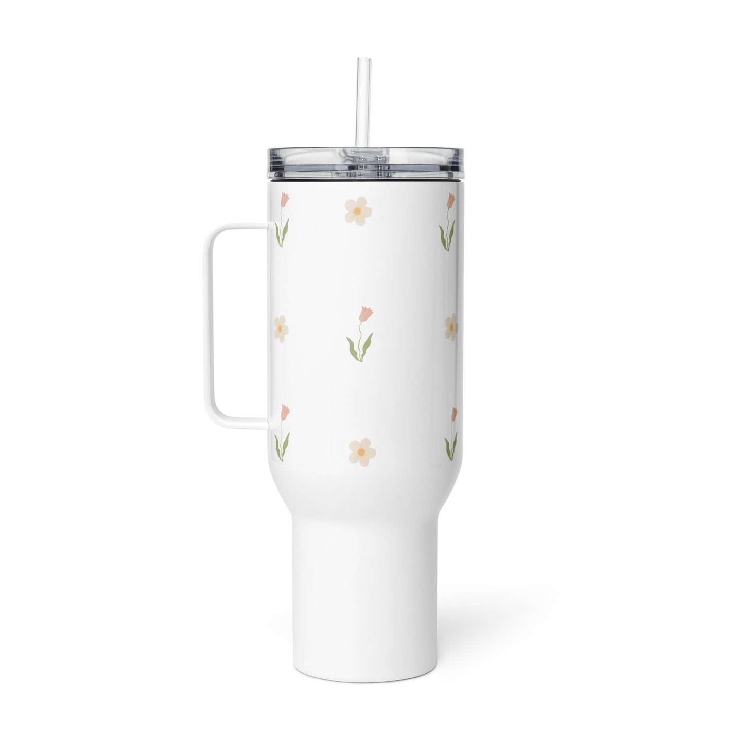 Large Stainless Steel Travel Tumbler - Pink Tulip & White Flower Design