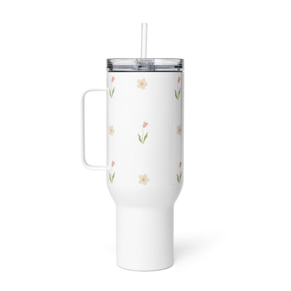 Large Stainless Steel Travel Tumbler - Pink Tulip & White Flower Design