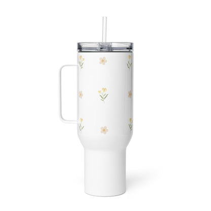 Large Stainless Steel Travel Tumbler - Yellow Pansy & White Flower Design