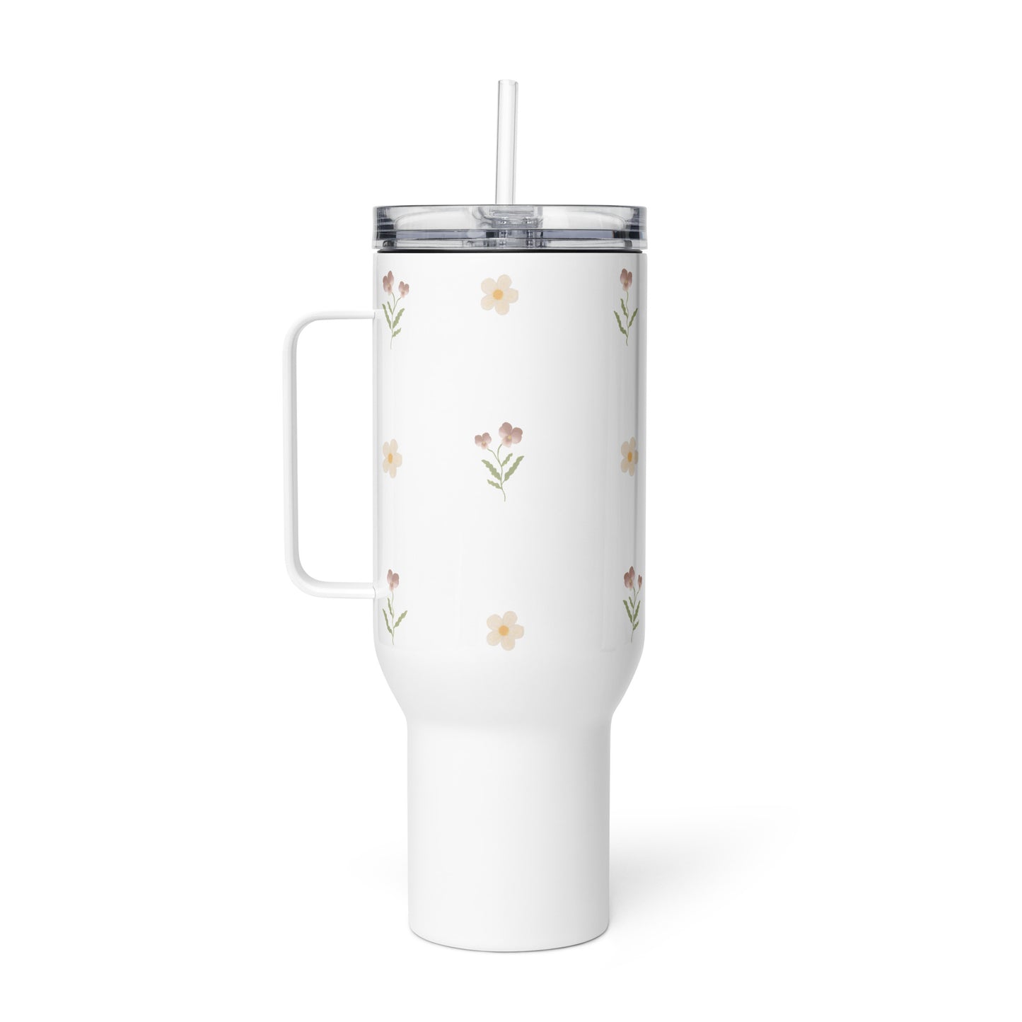 Large Stainless Steel Travel Tumbler - Pink Pansy & White Flower Design
