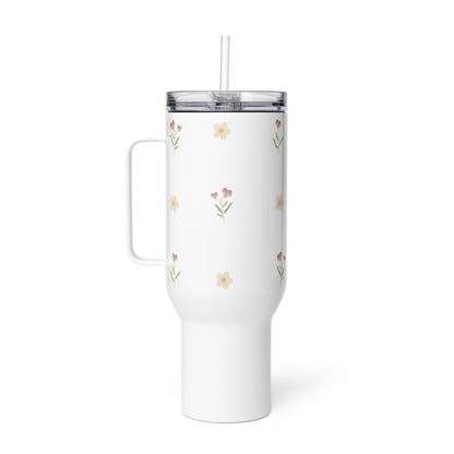 Large Stainless Steel Travel Tumbler - Pink Pansy & White Flower Design