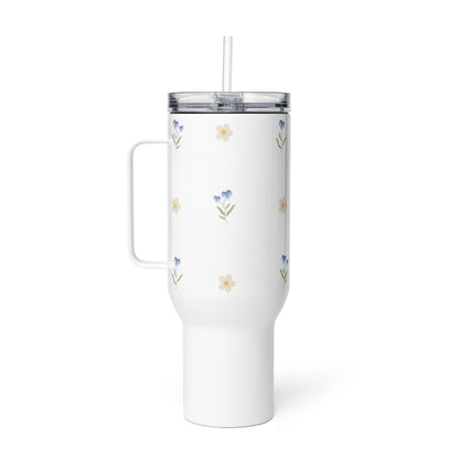 Large Stainless Steel Travel Tumbler - Blue Pansy & White Flower Design