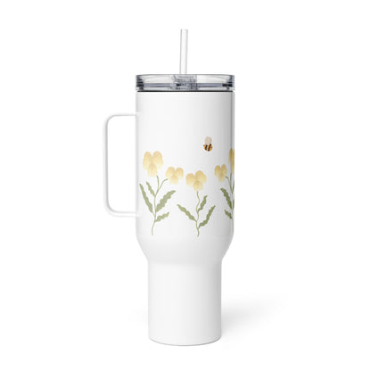 Large Stainless Steel Travel Tumbler - Yellow Pansy, Bee & Ladybug Design