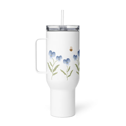 Large Stainless Steel Travel Tumbler - Blue Pansy, Bee & Ladybug Design