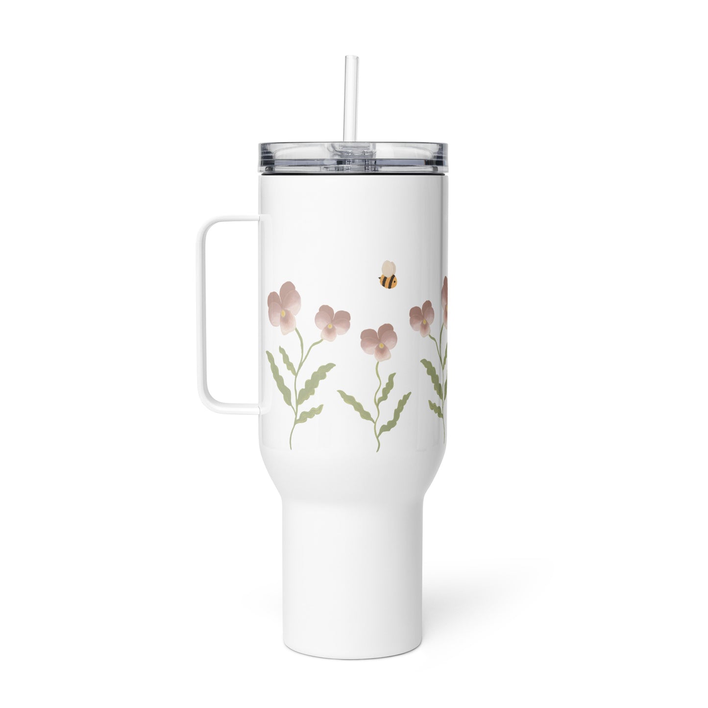 Large Stainless Steel Travel Tumbler - Pink Pansy, Bee & Ladybug Design